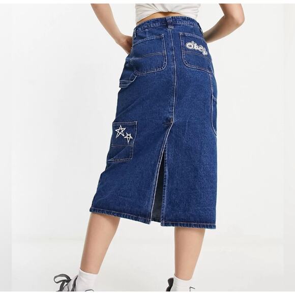 NWOT Women's OBEY Juniper Embroidered Denim Midi Skirt 27 - Picture 1 of 11